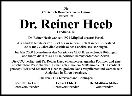 Traueranzeige von Reiner Heeb von Kreiszeitung Böblinger Bote