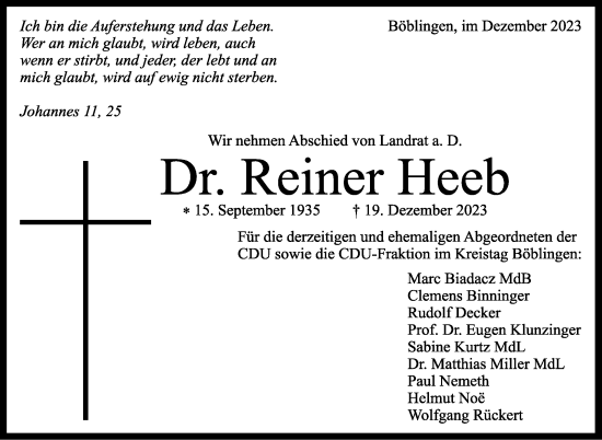 Traueranzeige von Reiner Heeb von Kreiszeitung Böblinger Bote