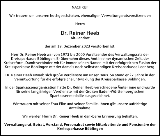 Traueranzeige von Reiner Heeb von Kreiszeitung Böblinger Bote