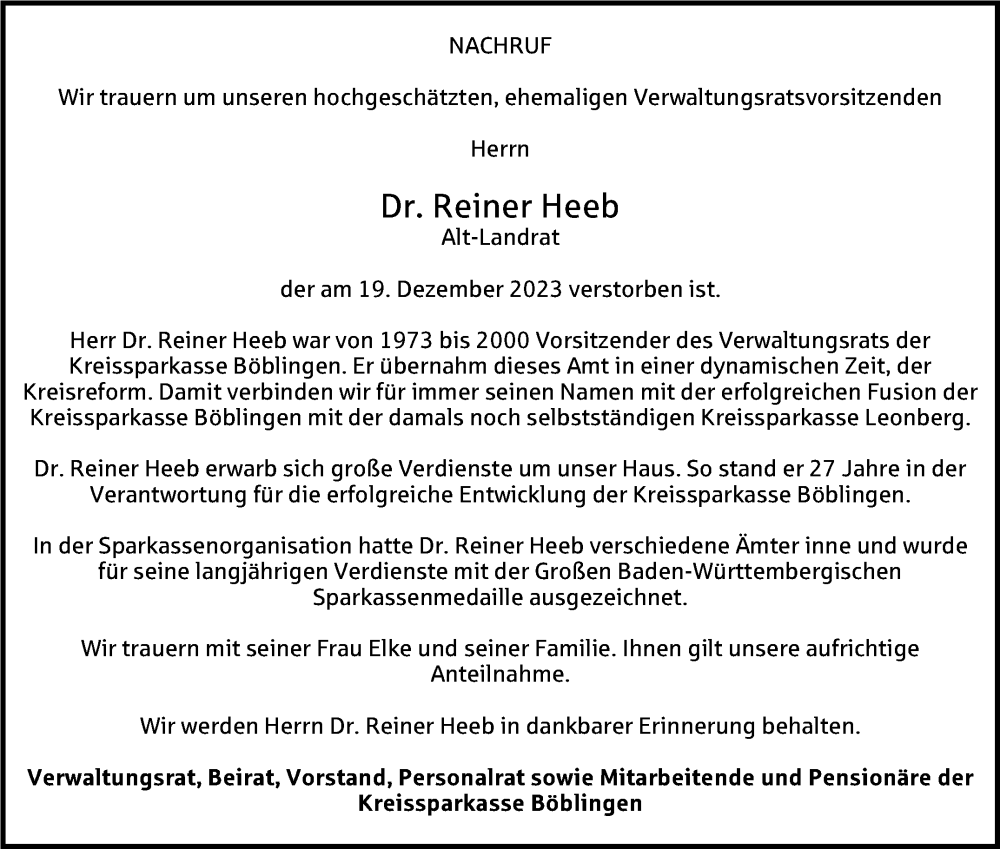  Traueranzeige für Reiner Heeb vom 23.12.2023 aus Kreiszeitung Böblinger Bote