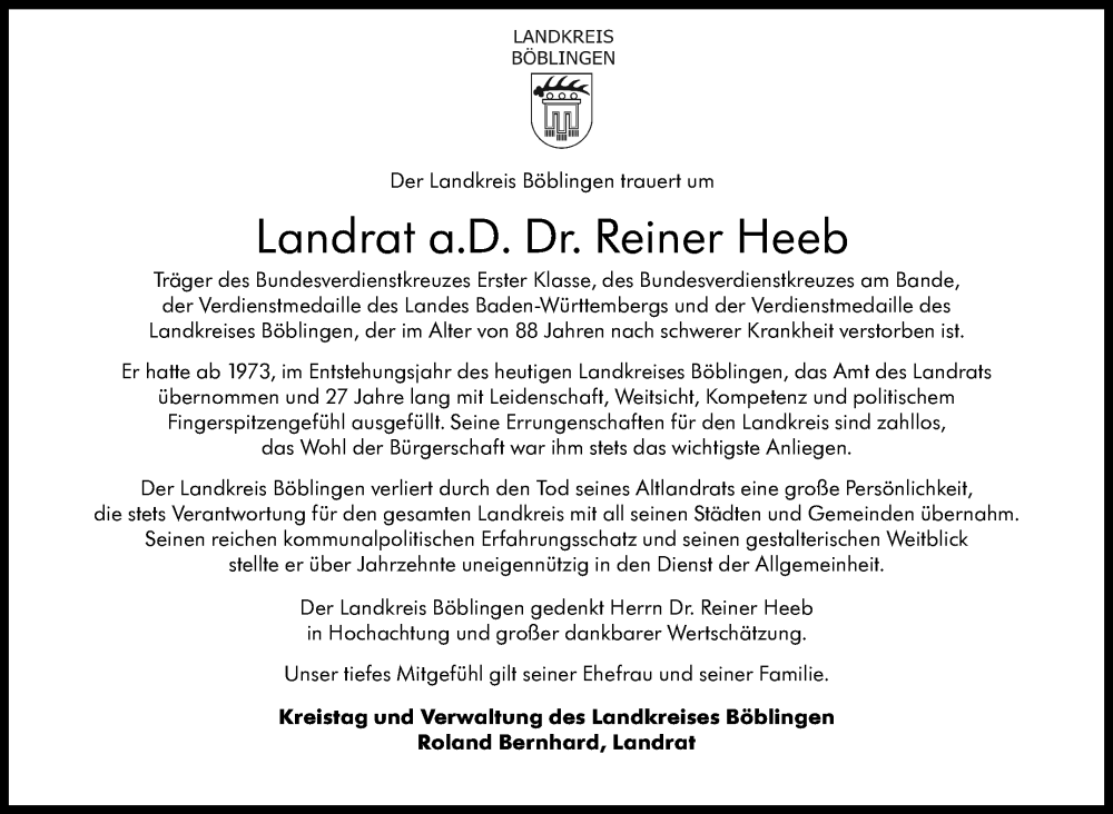  Traueranzeige für Reiner Heeb vom 28.12.2023 aus Kreiszeitung Böblinger Bote