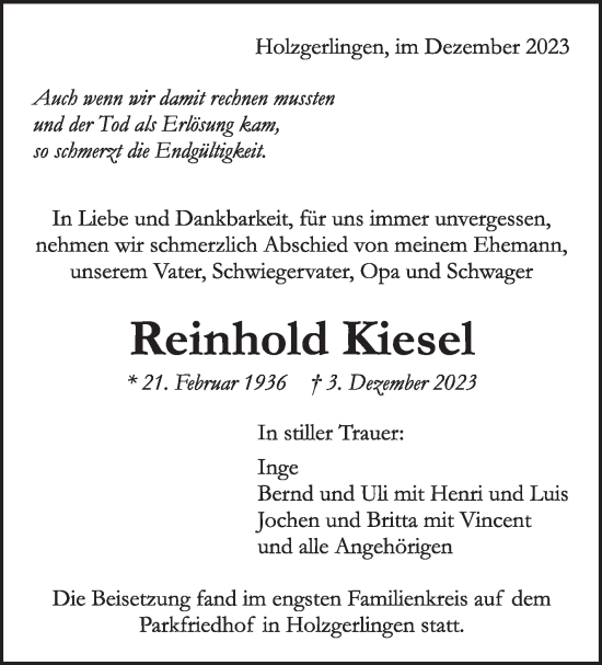 Traueranzeige von Reinhold Kiesel von Kreiszeitung Böblinger Bote