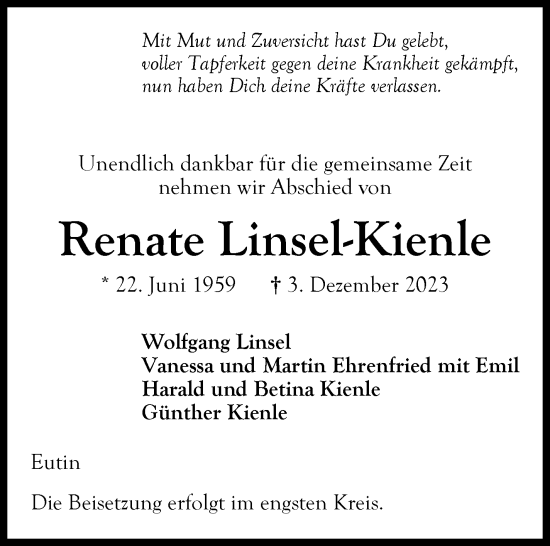 Traueranzeige von Renate Linsel-Kienle von Kreiszeitung Böblinger Bote