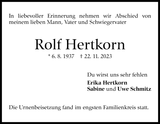 Traueranzeige von Rolf Hertkorn von Kreiszeitung Böblinger Bote