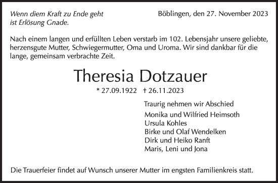 Traueranzeige von Theresia Dotzauer von Kreiszeitung Böblinger Bote
