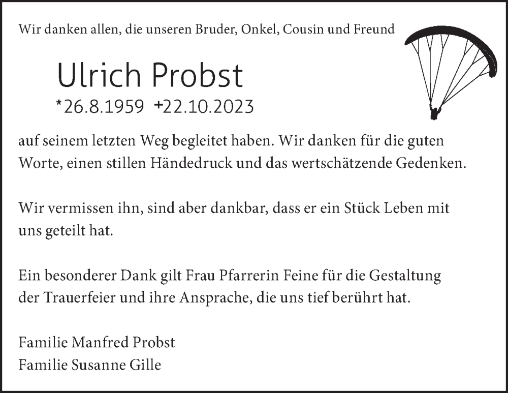  Traueranzeige für Ulrich Probst vom 30.11.2023 aus Kreiszeitung Böblinger Bote