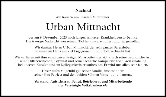 Traueranzeige von Urban Mittnacht von Kreiszeitung Böblinger Bote