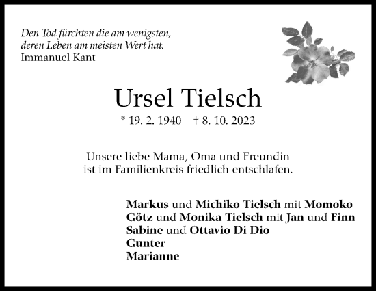 Traueranzeige von Ursel Tielsch von Kreiszeitung Böblinger Bote