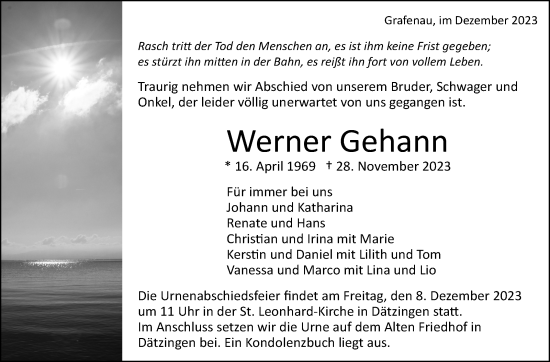 Traueranzeige von Werner Gehann von Kreiszeitung Böblinger Bote