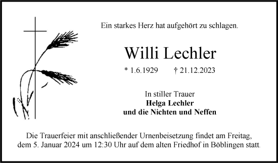 Traueranzeige von Willi Lechler von Kreiszeitung Böblinger Bote