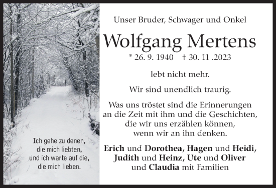 Traueranzeige von Wolfgang Mertens von Kreiszeitung Böblinger Bote