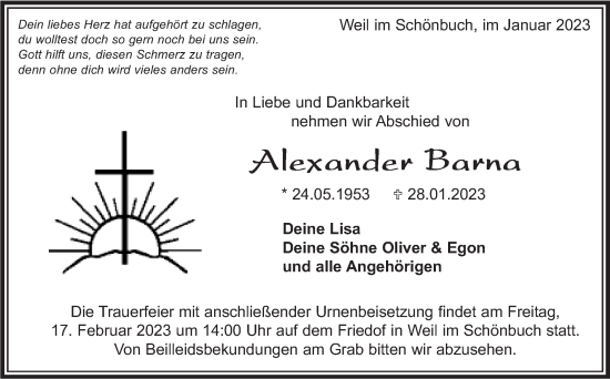 Traueranzeige von Alexander Barna von Kreiszeitung Böblinger Bote