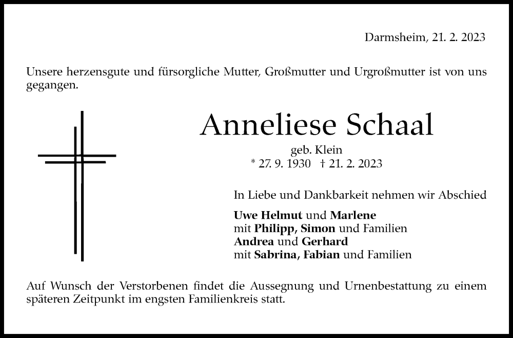  Traueranzeige für Anneliese Schaal vom 23.02.2023 aus Kreiszeitung Böblinger Bote