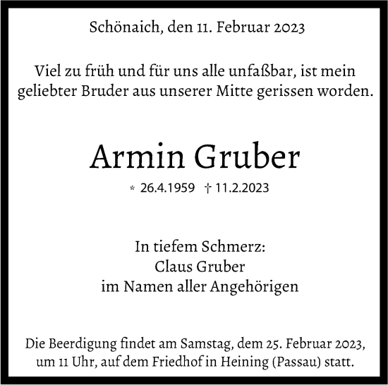 Traueranzeige von Armin Gruber von Kreiszeitung Böblinger Bote
