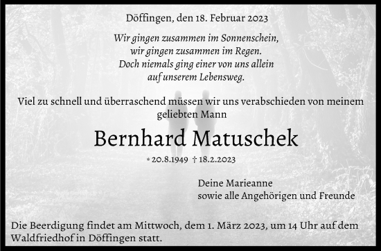 Traueranzeige von Bernhard Matuschek von Kreiszeitung Böblinger Bote