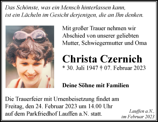 Traueranzeige von Christa Czernich von Kreiszeitung Böblinger Bote