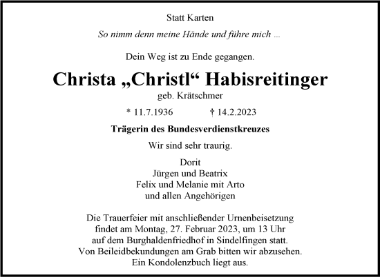 Traueranzeige von Christa  Habisreitinger von Kreiszeitung Böblinger Bote