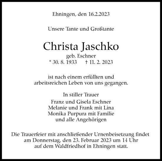 Traueranzeige von Christa Jaschko von Kreiszeitung Böblinger Bote