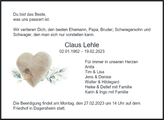 Traueranzeige von Claus Lehle von Kreiszeitung Böblinger Bote