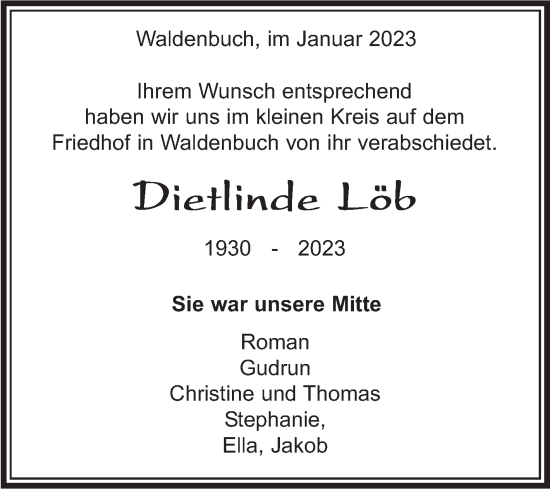 Traueranzeige von Dietlinde Löb von Kreiszeitung Böblinger Bote