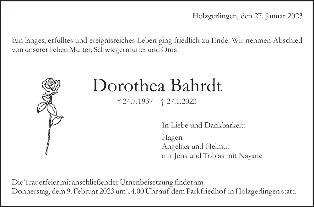  Traueranzeige für Dorothea Bahrdt vom 02.02.2023 aus Kreiszeitung Böblinger Bote