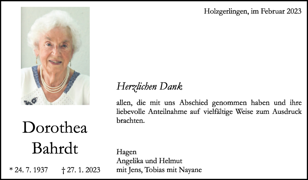  Traueranzeige für Dorothea Bahrdt vom 24.02.2023 aus Kreiszeitung Böblinger Bote