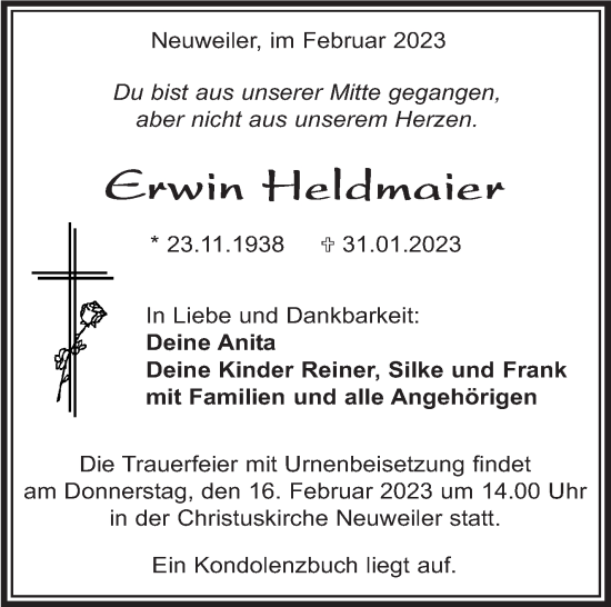 Traueranzeige von Erwin Heldmaier von Kreiszeitung Böblinger Bote