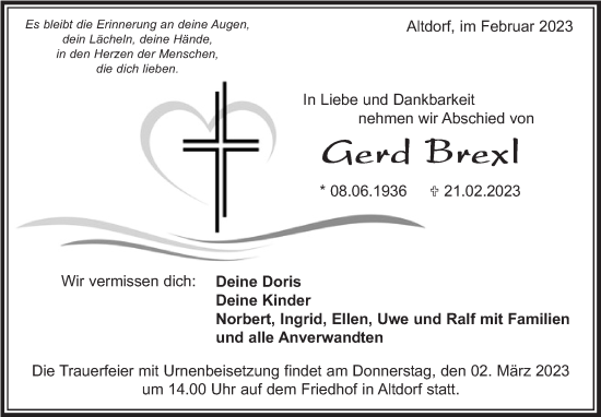 Traueranzeige von Gerd Brexl von Kreiszeitung Böblinger Bote