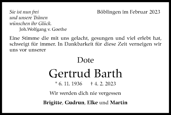 Traueranzeige von Gertrud Barth von Kreiszeitung Böblinger Bote