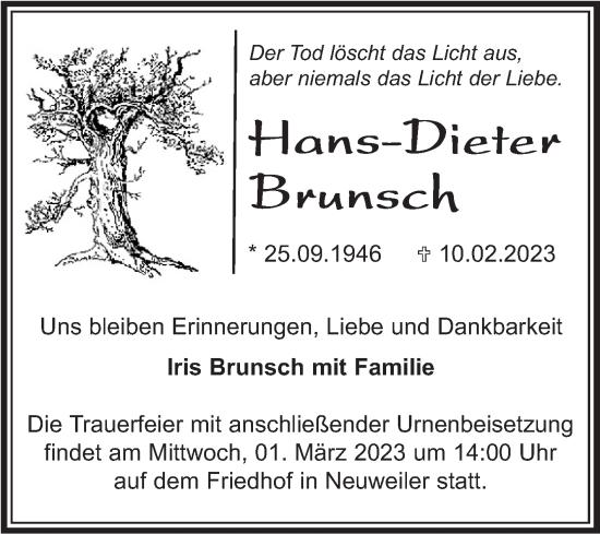 Traueranzeige von Hans-Dieter Brunsch von Kreiszeitung Böblinger Bote