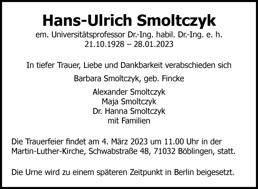  Traueranzeige für Hans-Ulrich Smoltczyk vom 02.02.2023 aus Kreiszeitung Böblinger Bote
