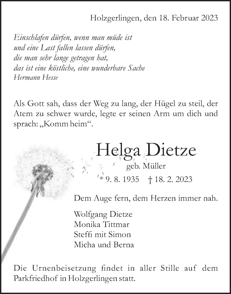  Traueranzeige für Helga Dietze vom 23.02.2023 aus Kreiszeitung Böblinger Bote