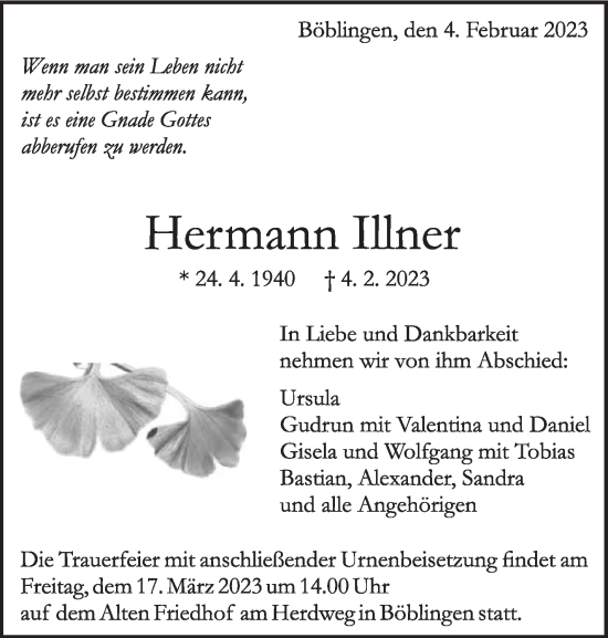 Traueranzeige von Hermann Illner von Kreiszeitung Böblinger Bote