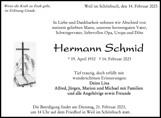 Traueranzeige von Hermann Schmid von Kreiszeitung Böblinger Bote