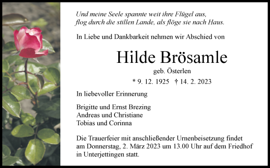 Traueranzeige von Hilde Brösamle von Kreiszeitung Böblinger Bote
