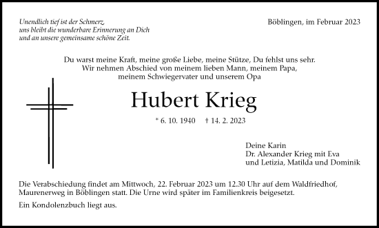 Traueranzeige von Hubert Krieg von Kreiszeitung Böblinger Bote