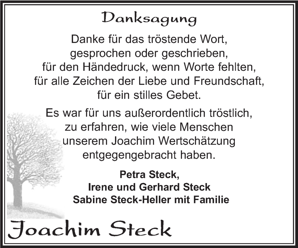  Traueranzeige für Joachim Steck vom 23.02.2023 aus Kreiszeitung Böblinger Bote