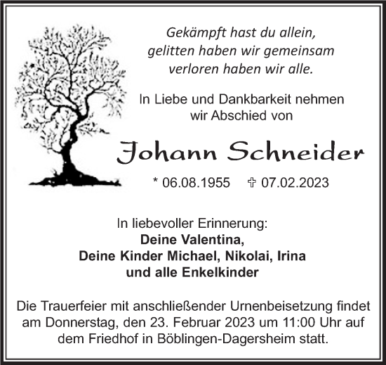 Traueranzeige von Johann Schneider von Kreiszeitung Böblinger Bote