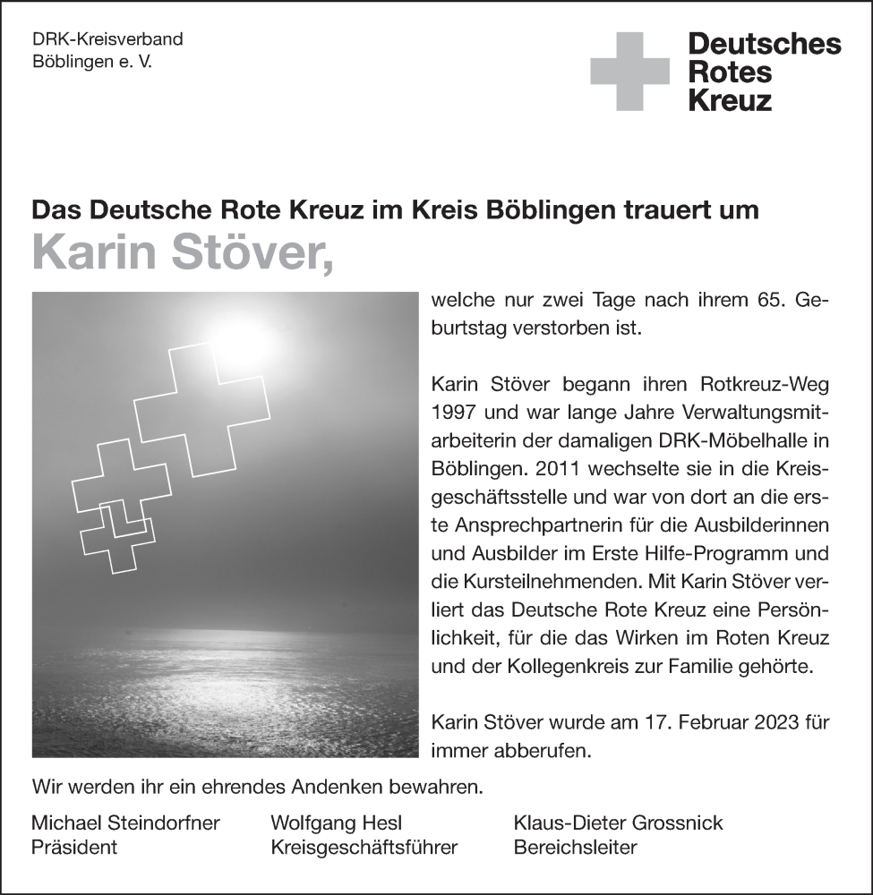  Traueranzeige für Karin Stöver vom 22.02.2023 aus Kreiszeitung Böblinger Bote