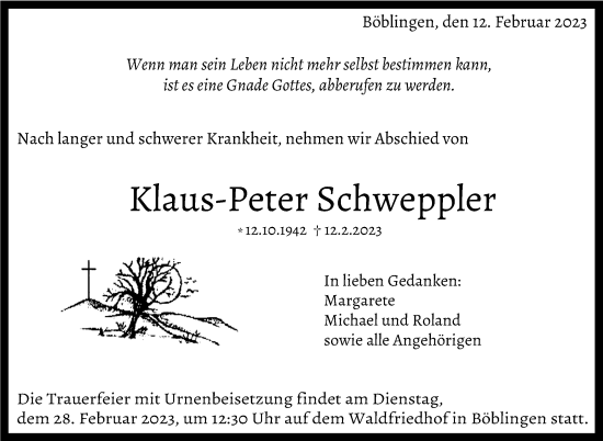 Traueranzeige von Klaus-Peter Schweppler von Kreiszeitung Böblinger Bote