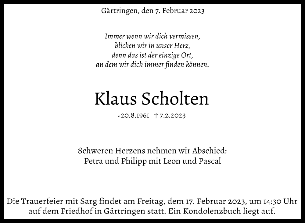  Traueranzeige für Klaus Scholten vom 14.02.2023 aus Kreiszeitung Böblinger Bote