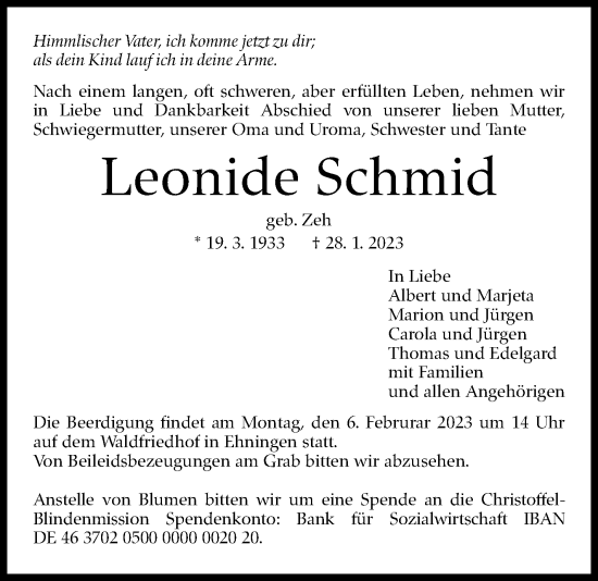Traueranzeige von Leonide Schmid von Kreiszeitung Böblinger Bote