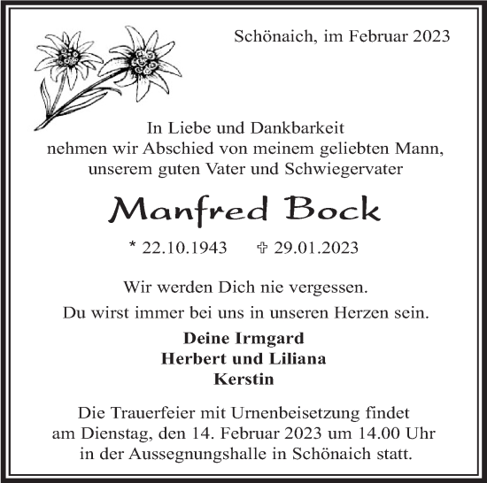 Traueranzeige von Manfred Bock von Kreiszeitung Böblinger Bote