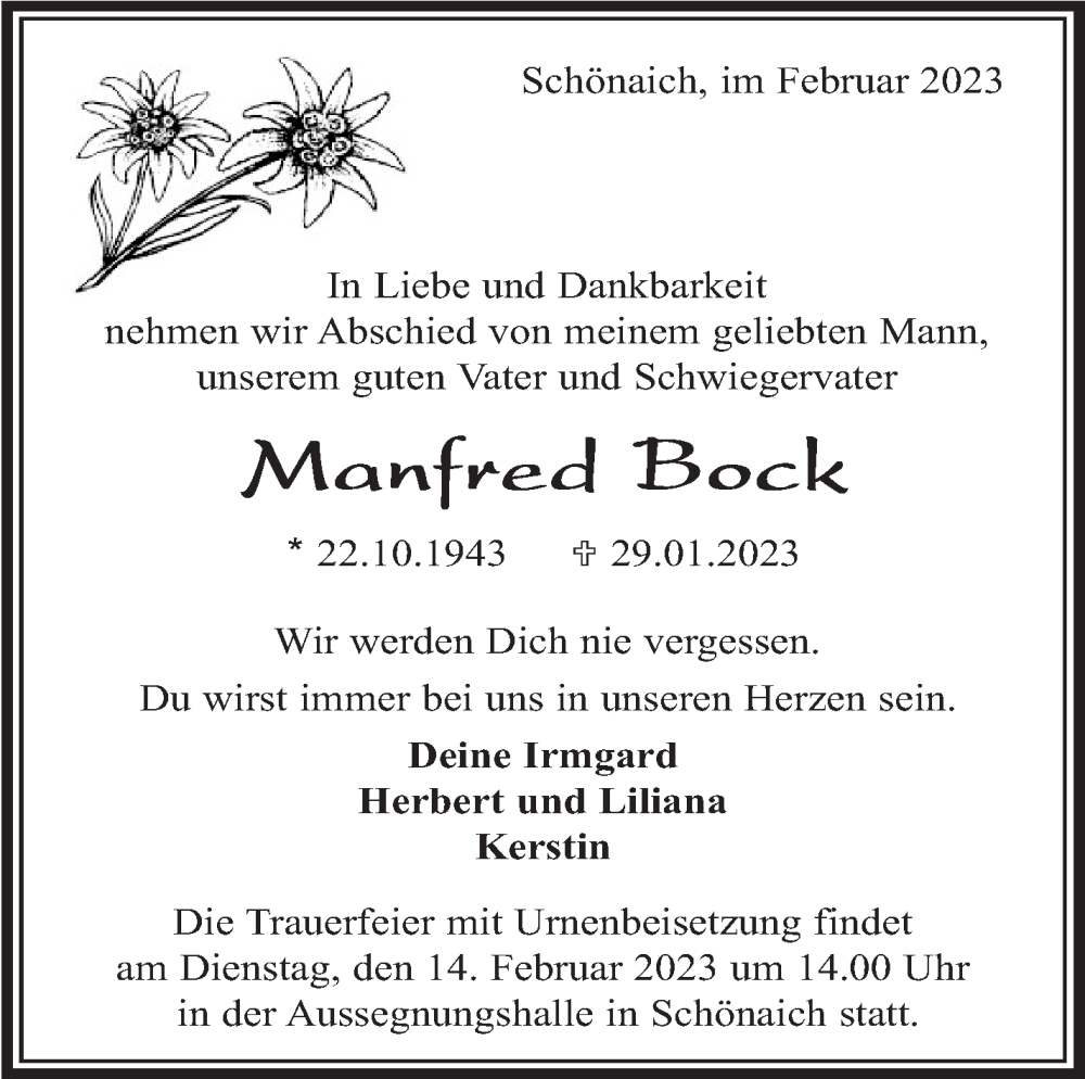  Traueranzeige für Manfred Bock vom 09.02.2023 aus Kreiszeitung Böblinger Bote