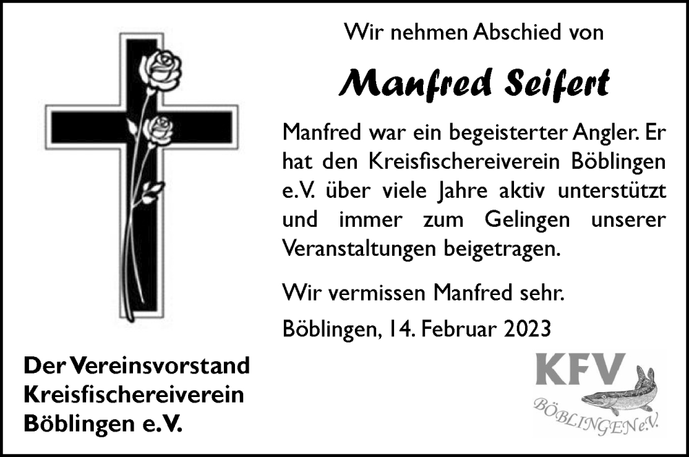  Traueranzeige für Manfred Seifert vom 16.02.2023 aus Kreiszeitung Böblinger Bote