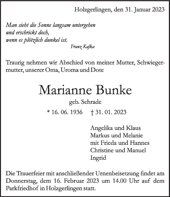 Traueranzeige von Marianne Bunke von Kreiszeitung Böblinger Bote