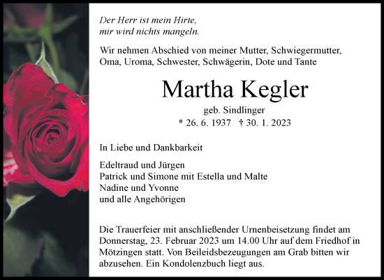 Traueranzeige von Martha Kegler von Kreiszeitung Böblinger Bote