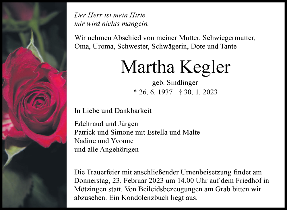  Traueranzeige für Martha Kegler vom 16.02.2023 aus Kreiszeitung Böblinger Bote