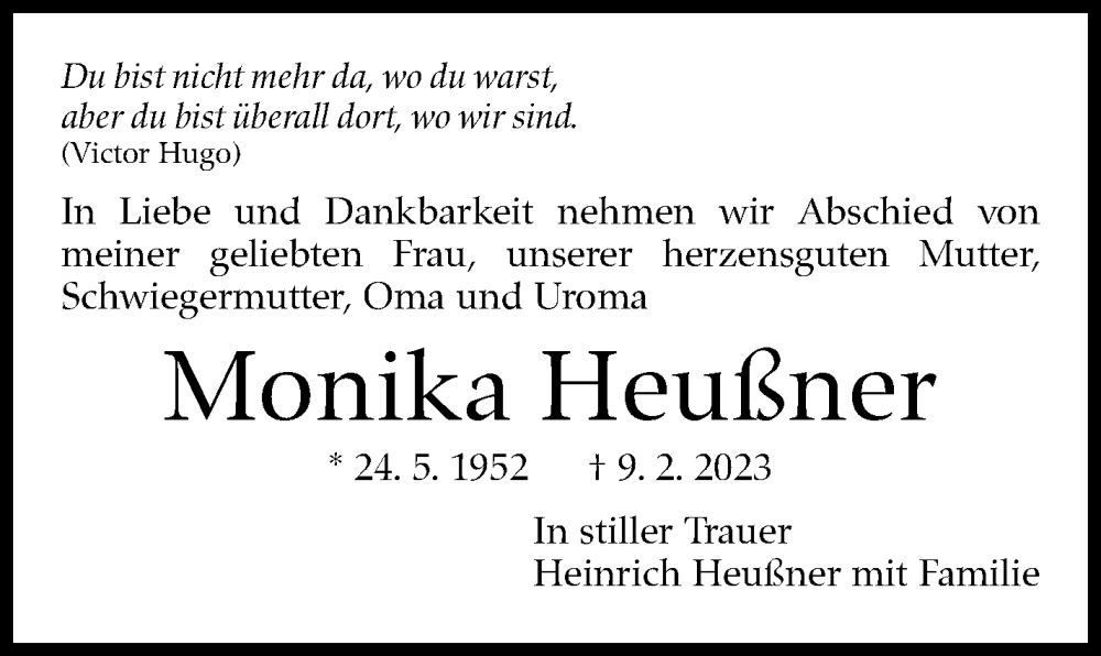  Traueranzeige für Monika Heußner vom 24.02.2023 aus Kreiszeitung Böblinger Bote