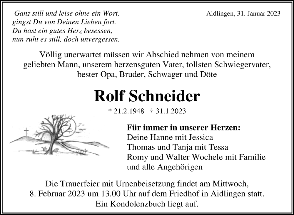  Traueranzeige für Rolf Schneider vom 03.02.2023 aus Kreiszeitung Böblinger Bote
